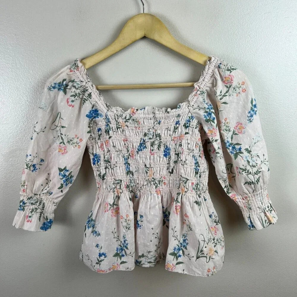 Saylor Clover Smocked Top Size XS Pink Floral Swiss Dot Peasant Cottagecore - Picture 3 of 9